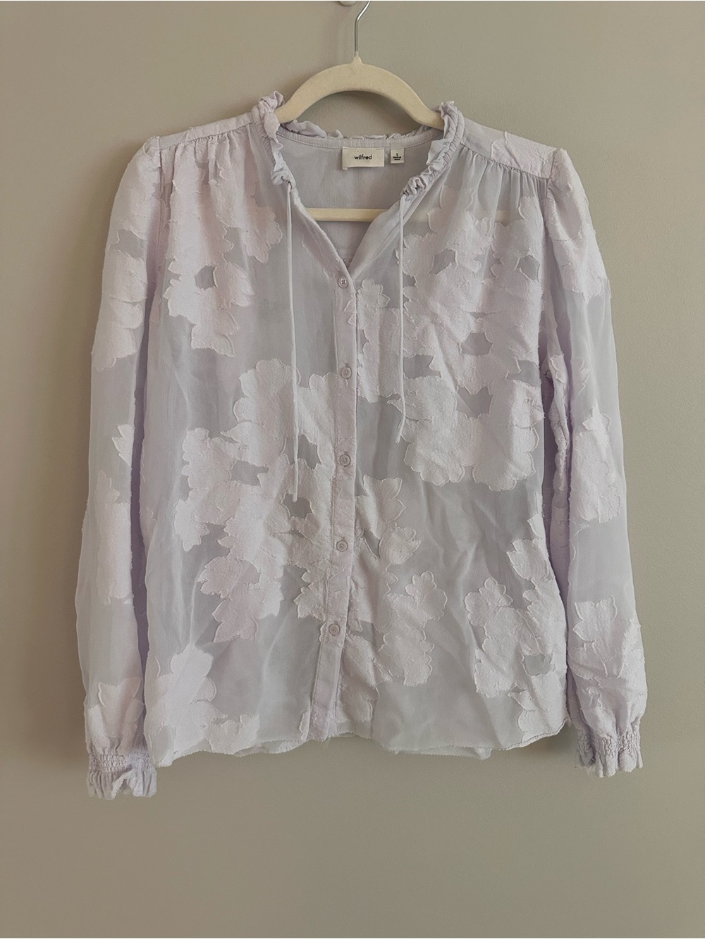 Aritzia Wilfred Alexis Blouse Ice Lavender Floral Burnout Chiffon Ruffle Small - Picture 4 of 13